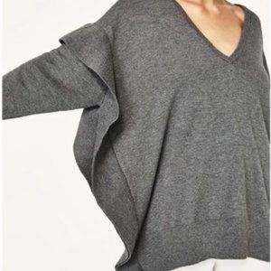Zara Gray Ruffled V Neck Sweater